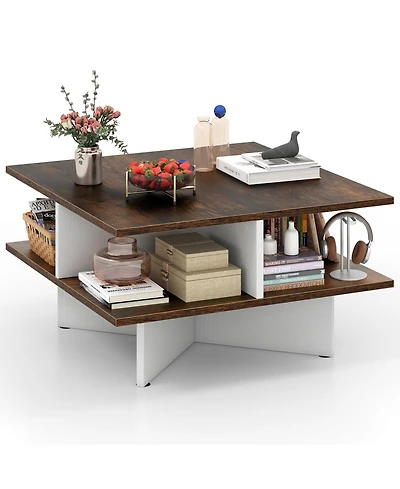 Gouun 2-Tier Square Coffee Table with 4 Storage Compartments