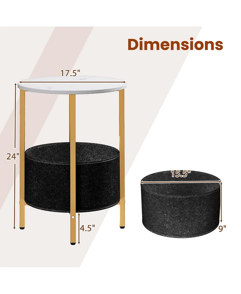 Gouun Round 2-Tier End Table with Removable Fabric Basket and Metal Frame, 17.5 in