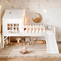 Streamdale Furniture Twin Loft Bed with Slide, Playhouse, Led Lights