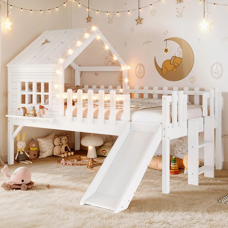 Streamdale Furniture Twin Loft Bed with Slide, Playhouse, Led Lights