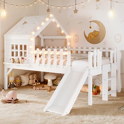 Streamdale Furniture Twin Loft Bed with Slide, Playhouse, Led Lights