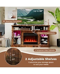Sugift 58 Inch Fireplace Tv Stand with Led Lights with Storage Cabinets and Glass Doors-Rustic