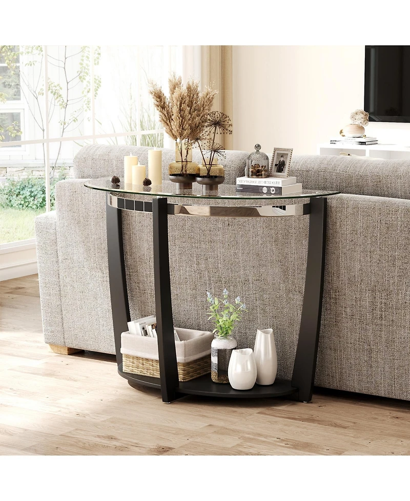 Gouun 2-Tier Tempered Glass Half-Moon Console Table with Open Shelf, 40 x 16 x 30 in