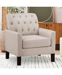 Boyel Living Classic Button-Tufted Linen Accent Chair with Solid Wood Legs