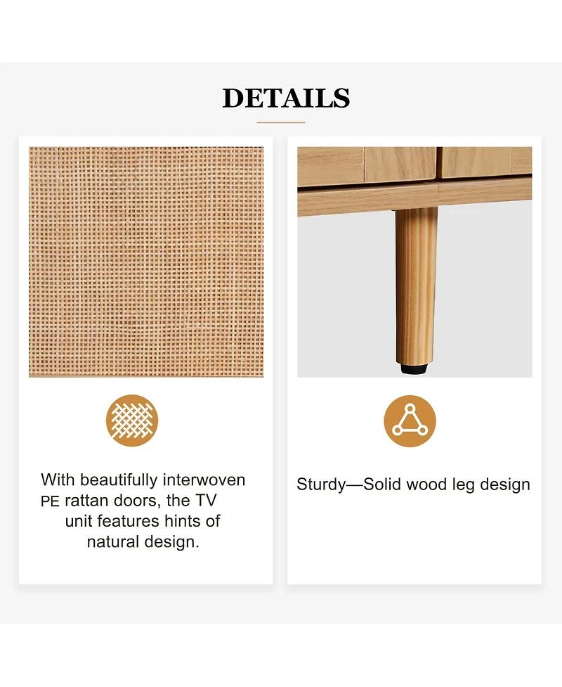 Rainsken Rattan Tv Stand for TVs , Media Console, Entertainment Center with 2 Drawers, 2- Open Shelves and Storage Cabinet for Living Room