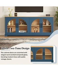 Rainsken Farmhouse Tv Stand for TVs , Two-Tone Media Console Table with Semi-Arched Glass Doors and Cable Management for Living Room