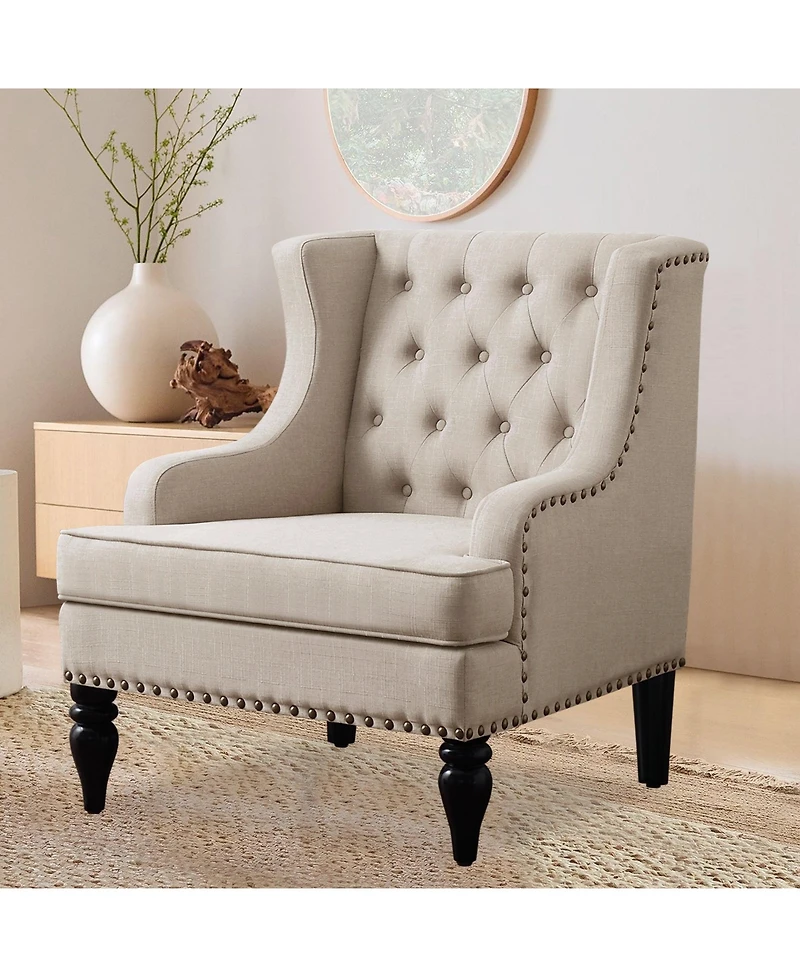 Boyel Living Vintage Button-Tufted Linen Accent Chair with Nailhead Trim, Plush Seat and Solid Wood Legs
