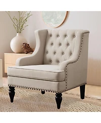 Boyel Living Vintage Button-Tufted Linen Accent Chair with Nailhead Trim, Plush Seat and Solid Wood Legs