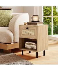 Slickblue Rattan End Table with Drawer and Open Shelf, Stylish Nightstand for Bedroom