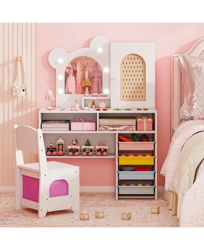 Slickblue Children s Vanity with Led Lights and 5 Drawers, Kids Makeup Table