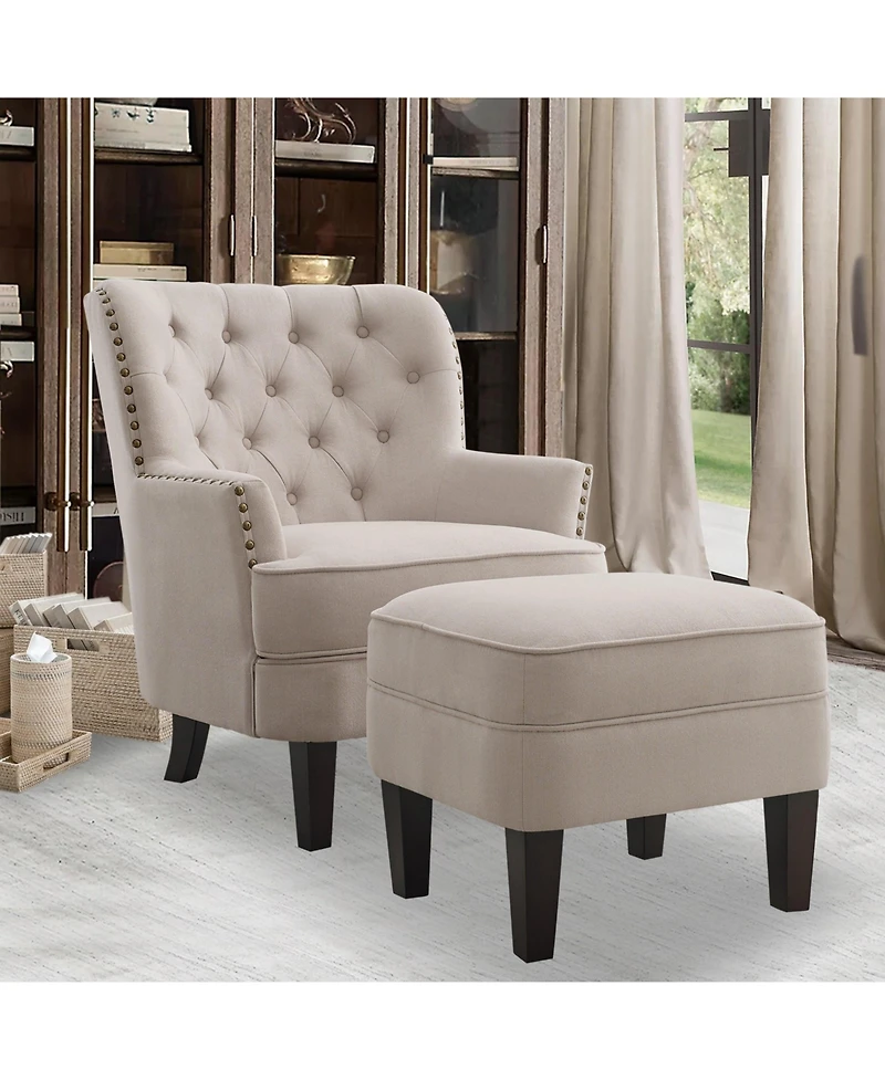 Boyel Living Vintage Button-Tufted Velvet Chair and Ottoman Set with Nailhead Trim and Solid Wood Legs