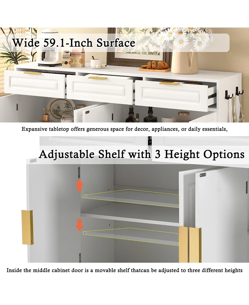 Rainsken Farmhouse Sideboard Storage Cabinet, 3 Drawers 4 Doors Buffet with Adjustable Shelving and Open Compartments for Kitchen, Living Room