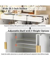 Rainsken Farmhouse Sideboard Storage Cabinet, 3 Drawers 4 Doors Buffet with Adjustable Shelving and Open Compartments for Kitchen, Living Room
