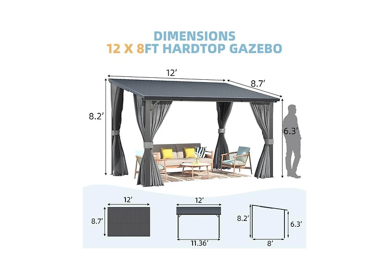 Aecojoy 12'x8' Outdoor Hardtop Metal Gazebo with Curtain and Netting