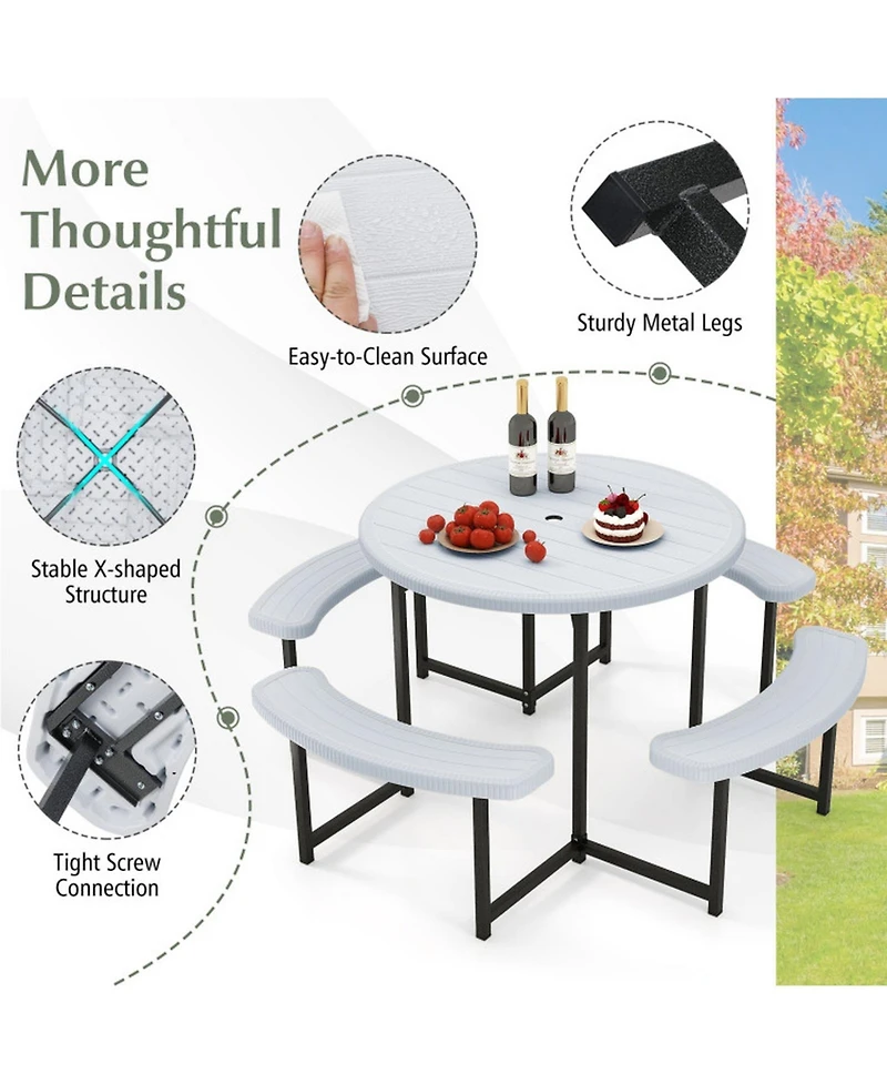Gouun Round Hdpe Picnic Table and Bench Set for 4-8 People with Umbrella Hole
