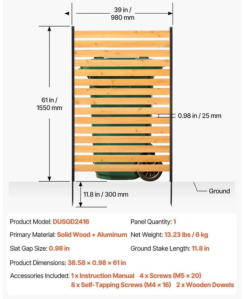 Sugift Wood Privacy Screen 39in x 61in 1-Panel Outdoor Fence for Garden and Pool Area