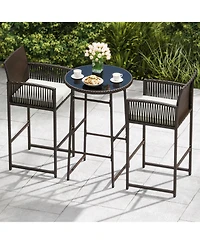 Gouun 3-Piece Outdoor Wicker Bar Set with Tempered Glass Round Table and 2 Cushioned Armchairs