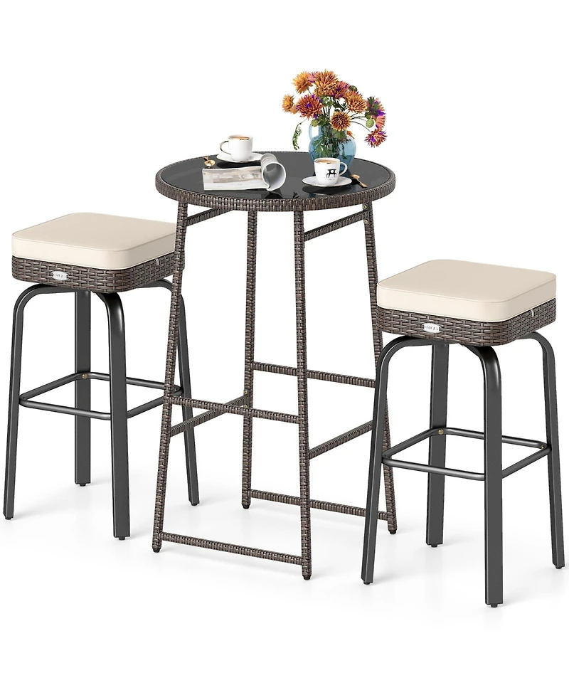 Gouun 3-Piece Outdoor 360-Degree Swivel Pe Rattan Bar Set with Tempered Glass Table