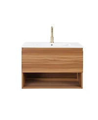 Sillysis Wall Mounted Bathroom Vanity with Sink, Modern Walnut Mdf Cabinet, Large Drawer Storage for Small Space