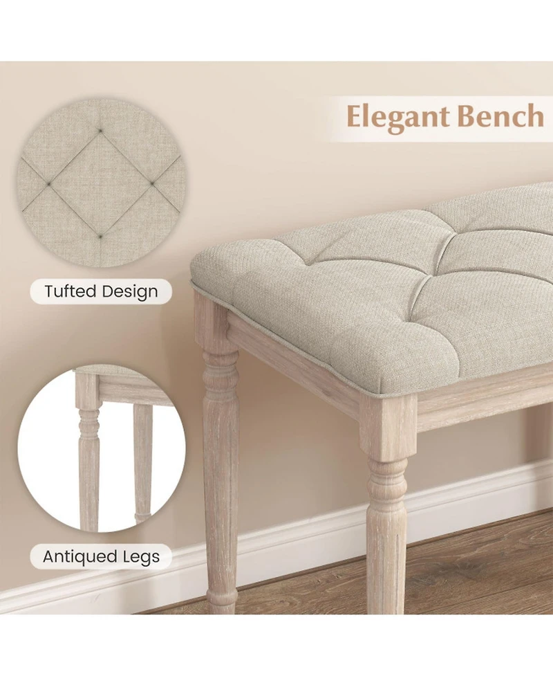 Gouun Button-Tufted Upholstered Bench with Carved Rubber Wood Legs