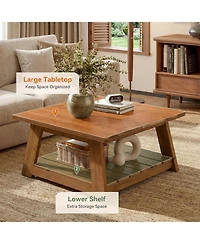 Tribesigns 31.5" Solid Wood Square Coffee Table, 2-Tier Storage Design, Sturdy Wooden Legs