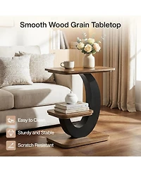 Tribesigns Side Table, 2-Tier Narrow End Table, Industrial Wooden Side Table with Metal Arc-Shaped Frame, Bedside Nightstand