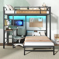 Streamdale Furniture Metal Bunk Bed w/Table, Drawers, Led, Charging