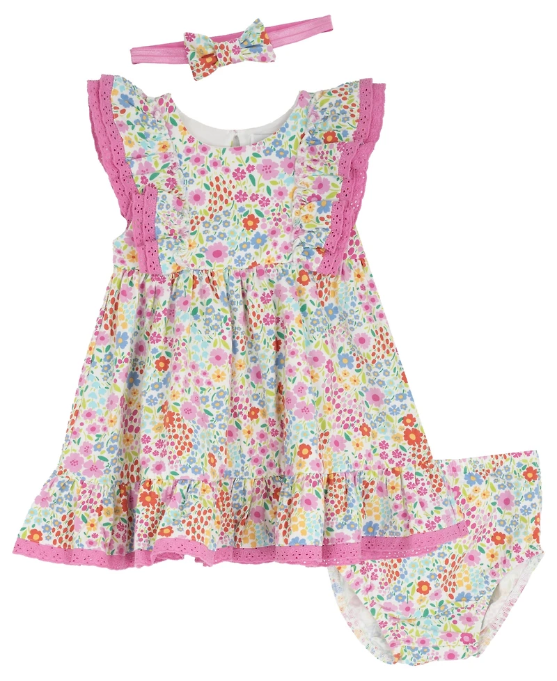 Rare Editions Baby Girls' Floral Print Dress, Bloomer and Headband, 3-Piece Set