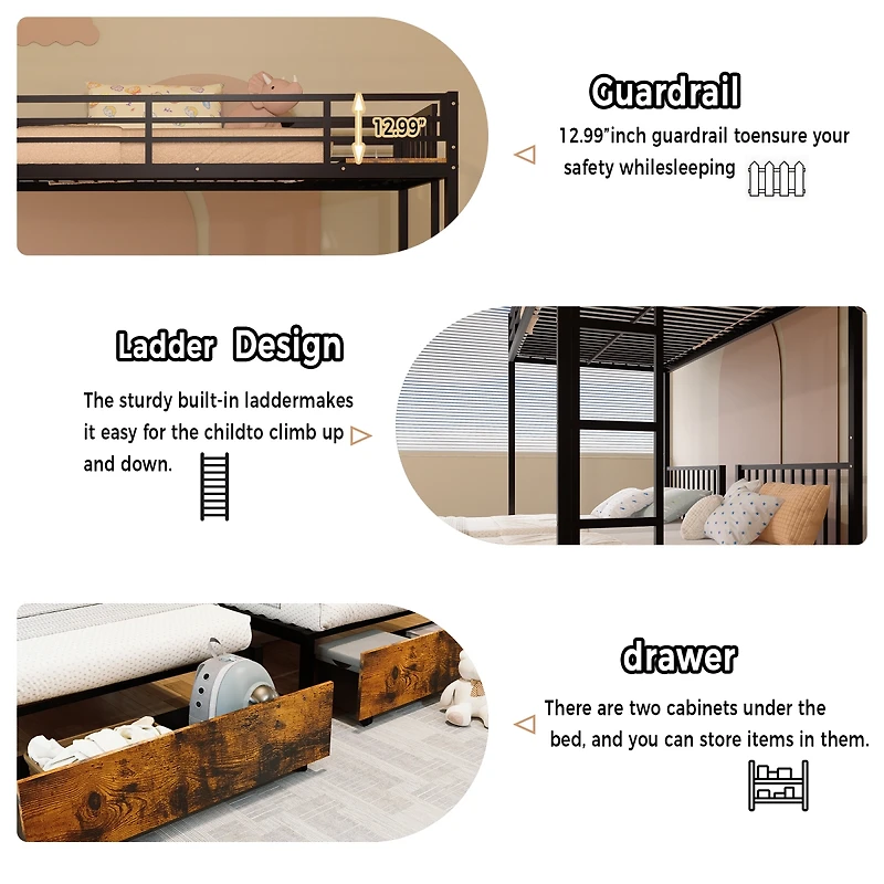 Streamdale Furniture Metal Triple Bunk Bed, Separates to 3 Twins