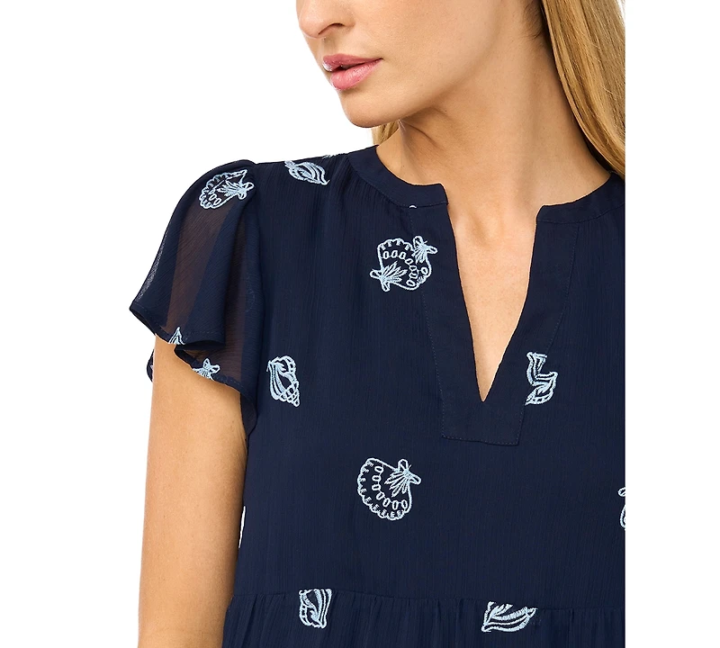 CeCe Women's Embroidered V-Neck Short Tiered Dress