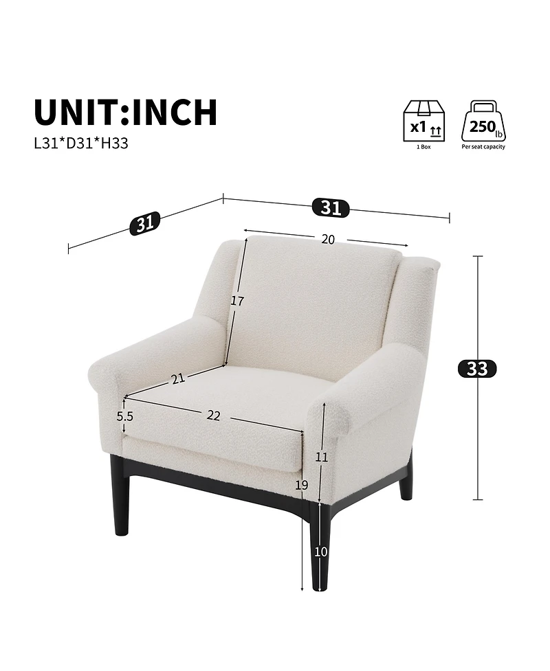 Rainsken Modern Accent Chair, Mid-Century Modern Armchair, Upholstered Lounge Chair with Solid Wood Legs for Living Room