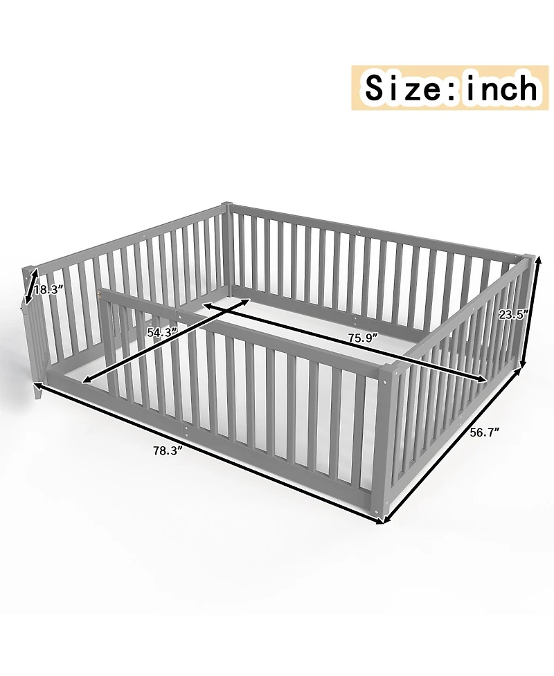 Streamdale Furniture Full Size Bed Floor Bed with Safety Guardrails and Door for Kids