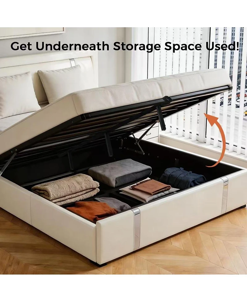 Streamdale Furniture Faux Leather Lift Storage Bed with Led Headboard and Usb-c