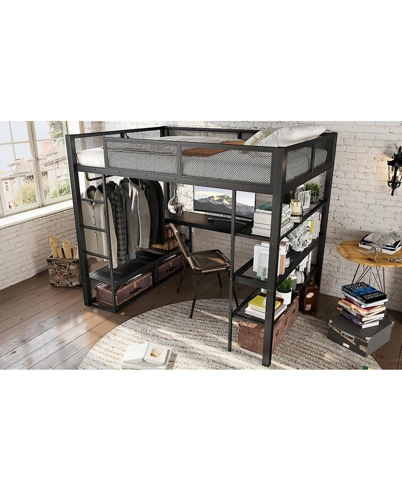 Streamdale Furniture Metal Queen Loft Bed w/ Storage, Desk, Rod