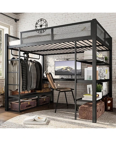 Streamdale Furniture Metal Queen Loft Bed w/ Storage, Desk, Rod