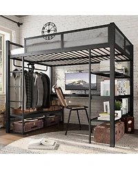Streamdale Furniture Metal Queen Loft Bed w/ Storage, Desk, Rod