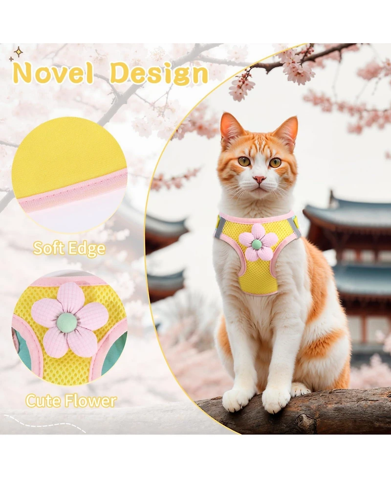Aronkl Cat Harness Leash Set Escape Proof Adjustable Breathable Mesh Reflective Strips Flower Cute Walking