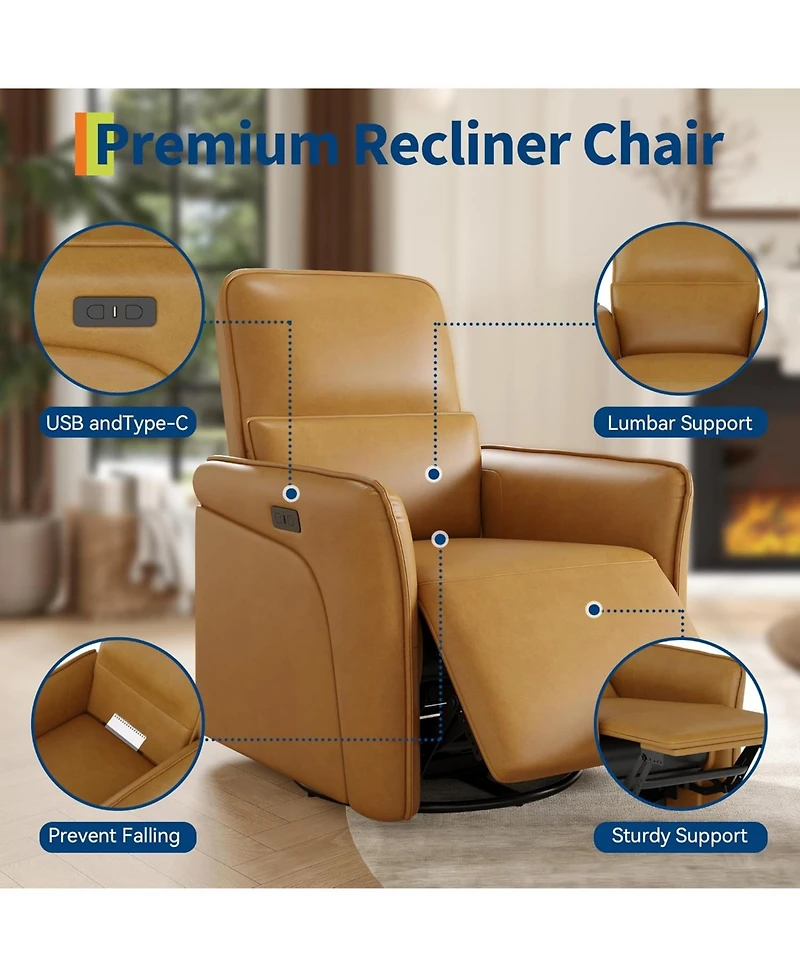 gaomon Leather Recliner Chair, 360degree(s) Swivel Power Rocker, Lumbar Support, Usb, Footrest, Accent Chair