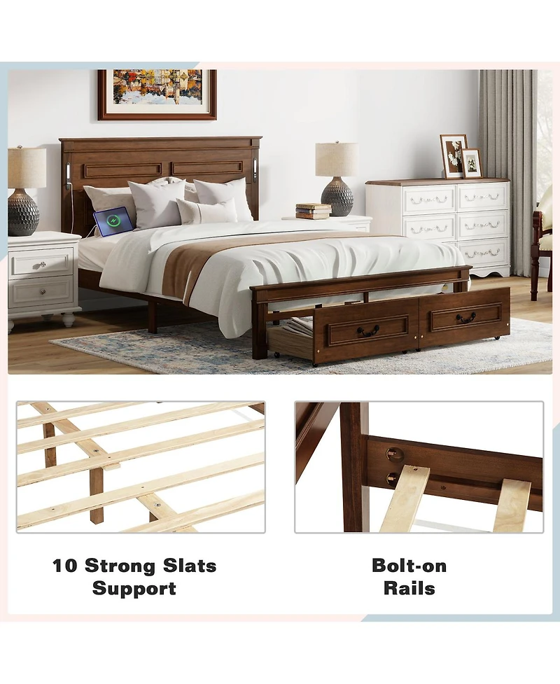 Streamdale Furniture Led Storage Bed w/Usb, Walnut Pinewood Frame