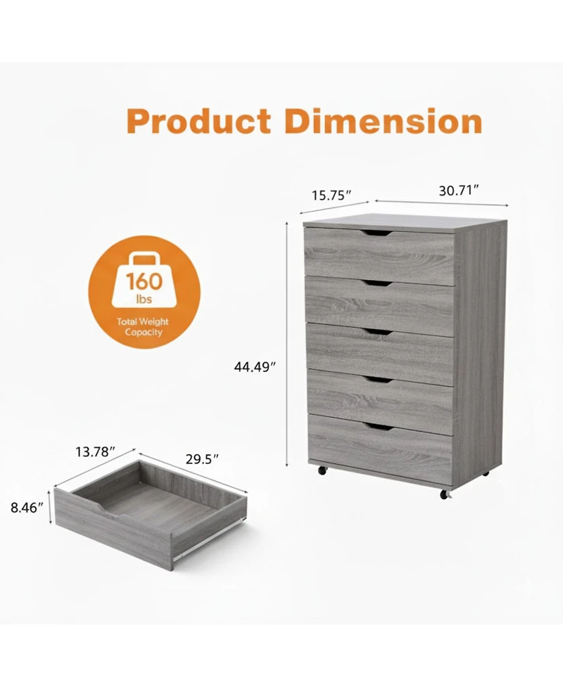 Streamdale Furniture 5-Drawer Dresser with Wheels - Modern Storage Cabinet