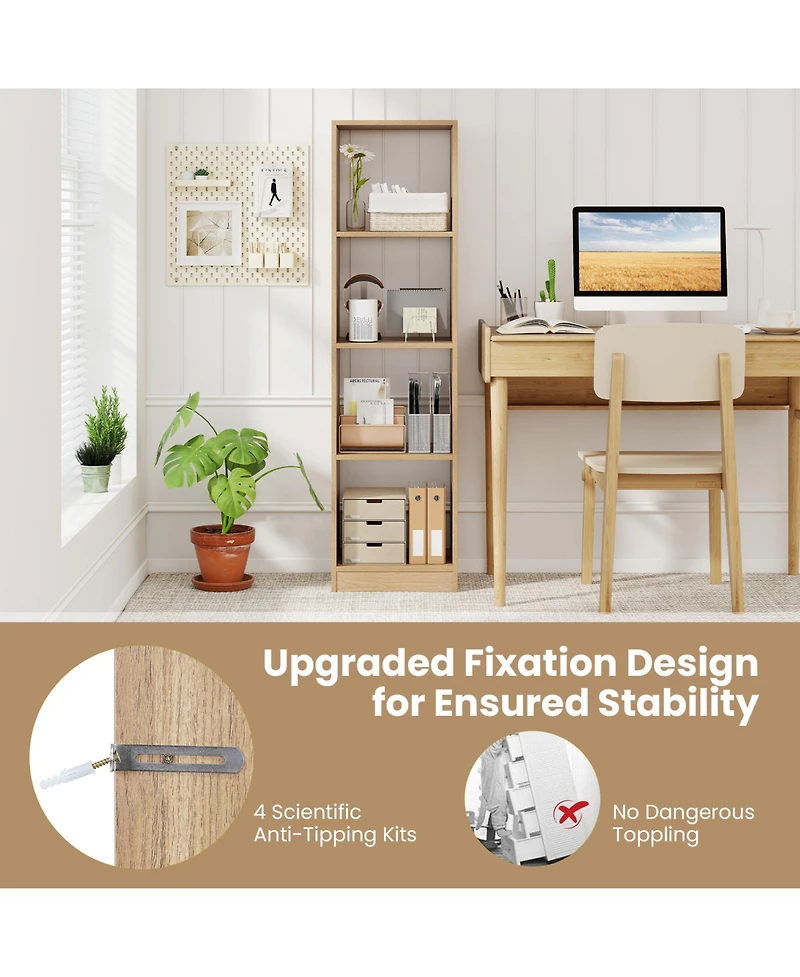 Sugift 5 Tiers 4-Cube Narrow Bookshelf with 4 Anti-Tipping Kits