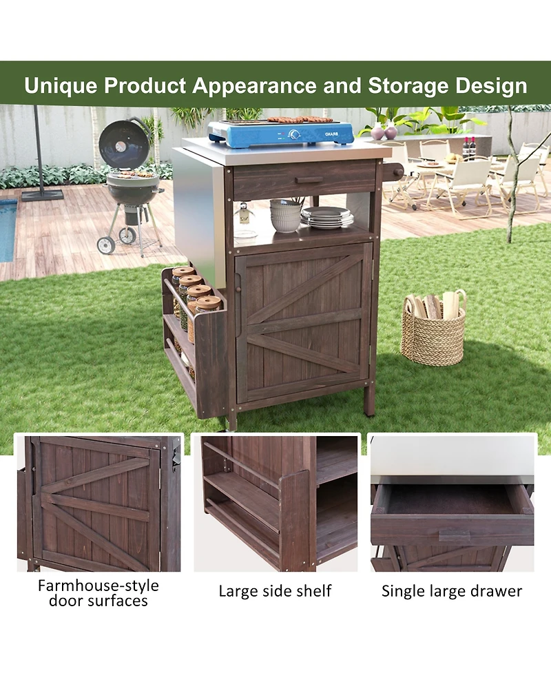 sumyeg 40.5inch Outdoor Grill Cart with Stainless Steel Top, Solid Wood Storage Cabinet with Drop Leaf, Drawer, Towel Rack and Lockable Wheels