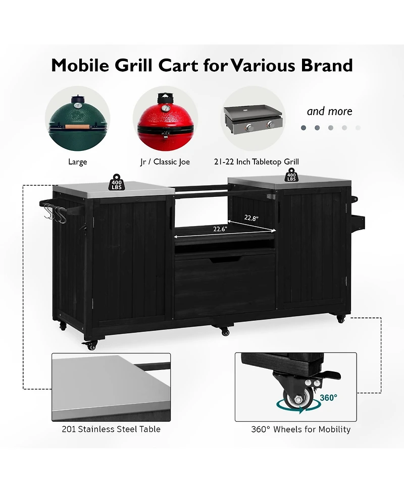 sumyeg 66.5inch Outdoor Kitchen Island for Big Egg Grills, Solid Wood Grill Cart with Stainless Steel Top, Drawer