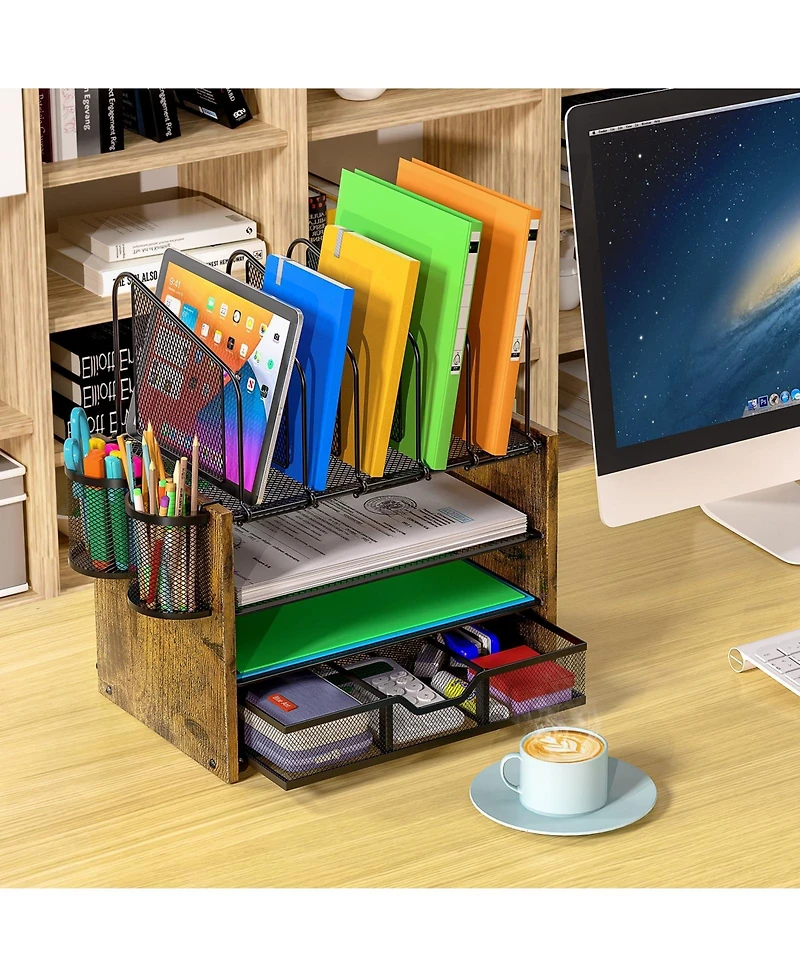 Gnuadz Mesh Desk Organizer 4-Tier Wooden File 5 Holders 2 Pen Drawer
