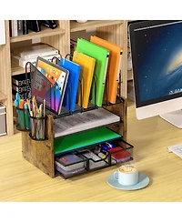 Gnuadz Mesh Desk Organizer 4-Tier Wooden File 5 Holders 2 Pen Drawer