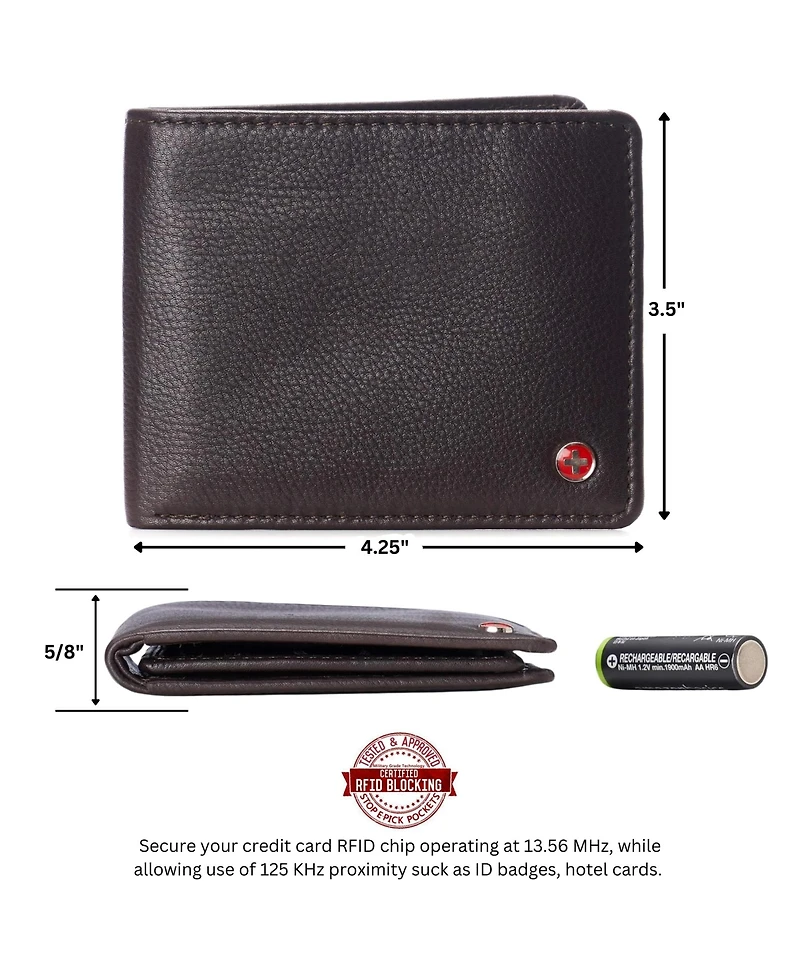 Alpine Swiss Mens Genuine Leather Passcase Bifold Wallet Rfid Safe 2 Id Windows
