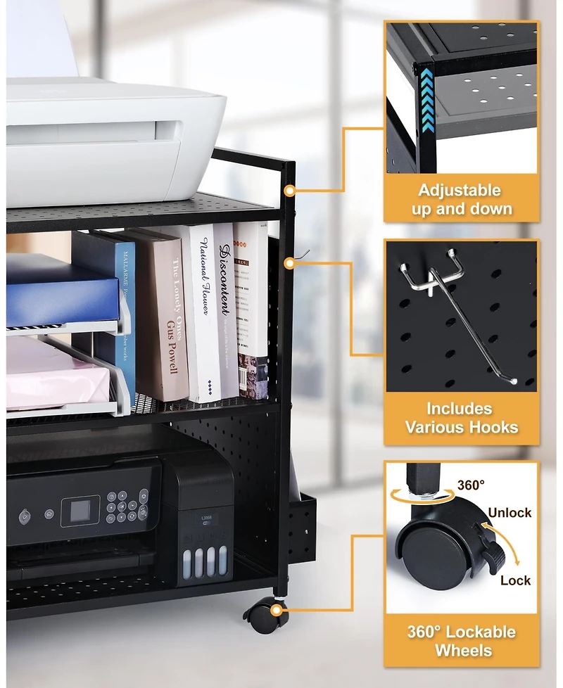Mythinglogic 3-Tier Rolling Stand with Pegboard