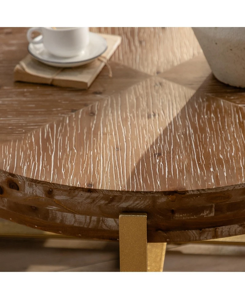 Streamdale Furniture 31.3" Modern Retro Round Coffee Table, Fir Wood Top, Gold Legs