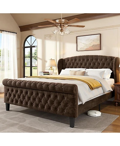 Sailvan Queen Size Sleigh Bed Frame Upholstered in Chenille with High Tufted Headboard and Footboard