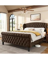 Sailvan Queen Size Sleigh Bed Frame Upholstered in Chenille with High Tufted Headboard and Footboard